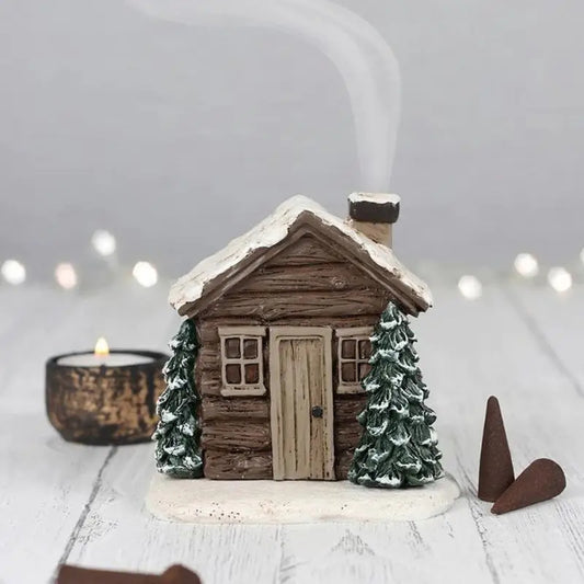 Log Cabin Incense Burner Rustic Christmas Chimney Hut Incense Cone Burner Collectible Resin Statue Table