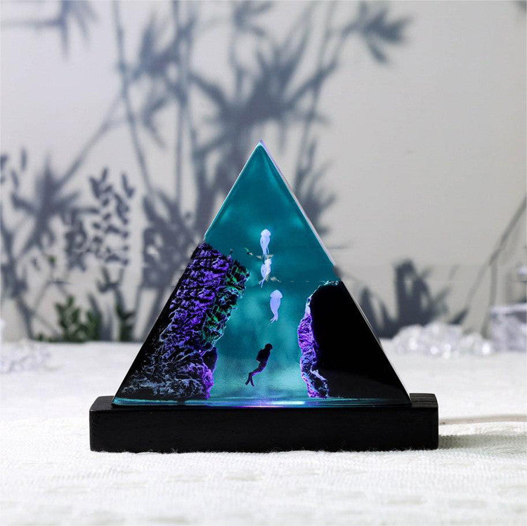 Creative Style Triangle Wooden Small Night Lamp Trench Jellyfish Diver Resin Ambience Light