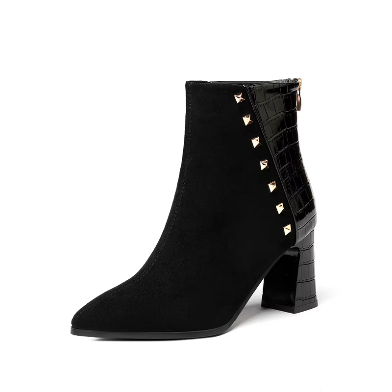 Women's Pointed Toe High Heeled Ankle Boots with Metal Back and Studded Details