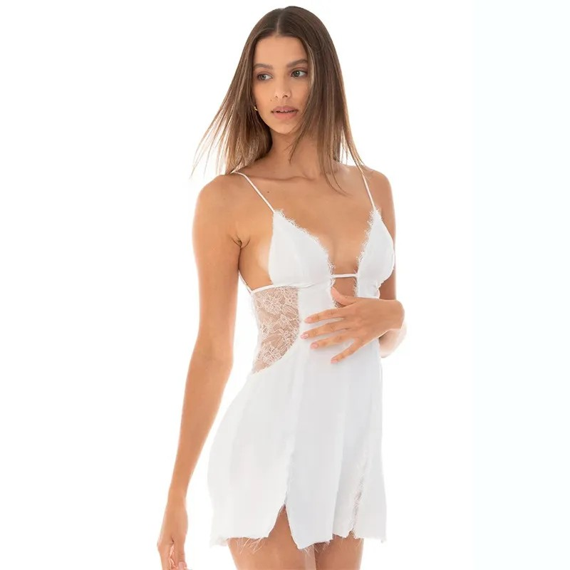 Women's Sexy lace detailed strappy mini nightgown with slit