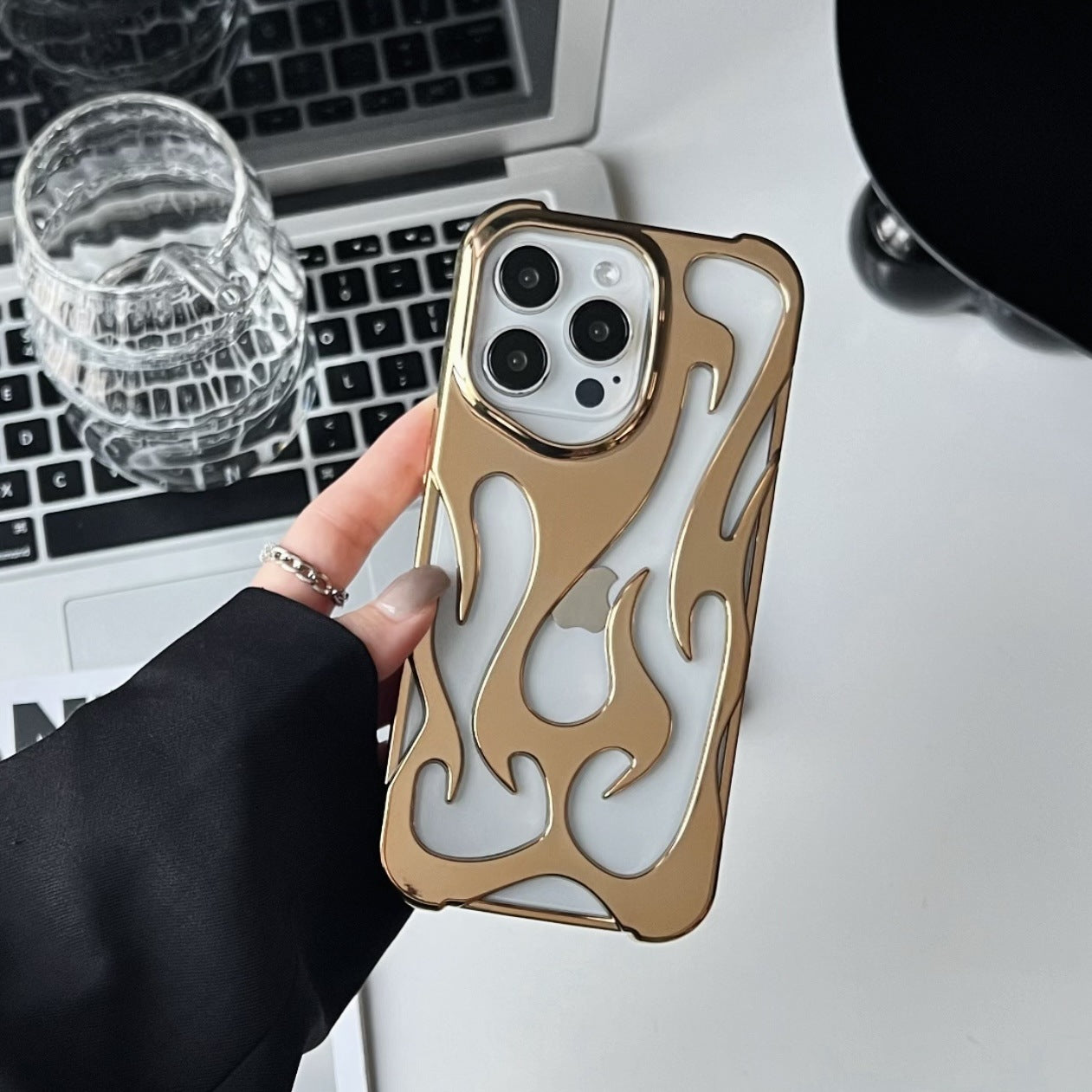 Chrome Flame Shockproof iPhone Case, Metallic Fire Design iPhone Case, Glossy Chrome Flame Case, Reflective Flame Drop-Resistant iPhone Case, 3D Chrome Flame iPhone Case kocsend.com