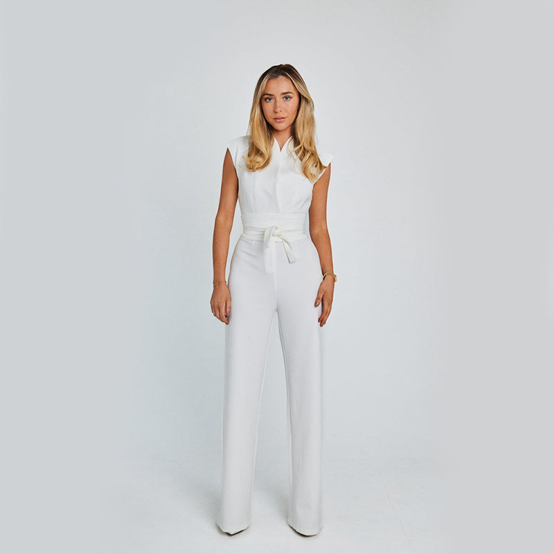 Fashion Elegant Long Sleeveless Jumpsuit Summer V-neck Casual Wide Leg Long Overalls Clothing For Women kocsend.com