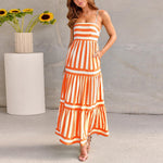 Summer Striped Printed Suspender Long Dress With Pockets Fashion Square Neck Backless Dresses For Beach Vacation Women Clothing kocsend.com