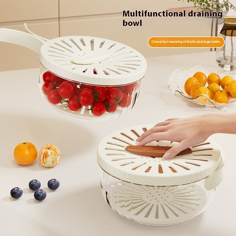 Fruit Drain Basket with Lid, Foldable Handle, Vegetable Washing Container