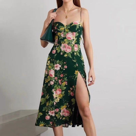 Women's Fashion Vintage Floral Print High Waist Dress