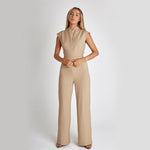 Fashion Elegant Long Sleeveless Jumpsuit Summer V-neck Casual Wide Leg Long Overalls Clothing For Women kocsend.com