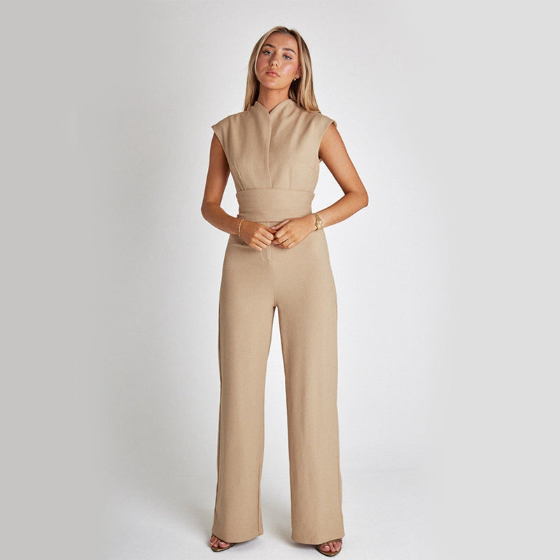 Fashion Elegant Long Sleeveless Jumpsuit Summer V-neck Casual Wide Leg Long Overalls Clothing For Women kocsend.com