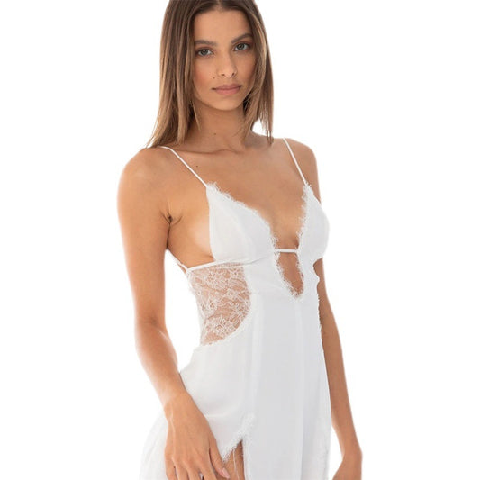 Women's Sexy lace detailed strappy mini nightgown with slit