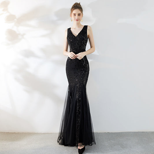 Women's New Banquet Temperament Elegant Evening Dress Fishtail Sequins