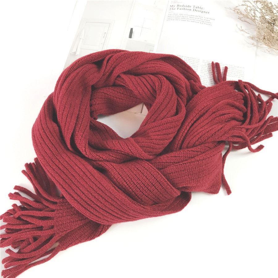Thickened  Warm Long Solid Color Tassel Knitted Wool Scarf