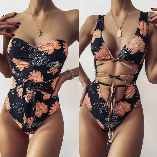 Sexy Strappy big floral print one piece swimsuit