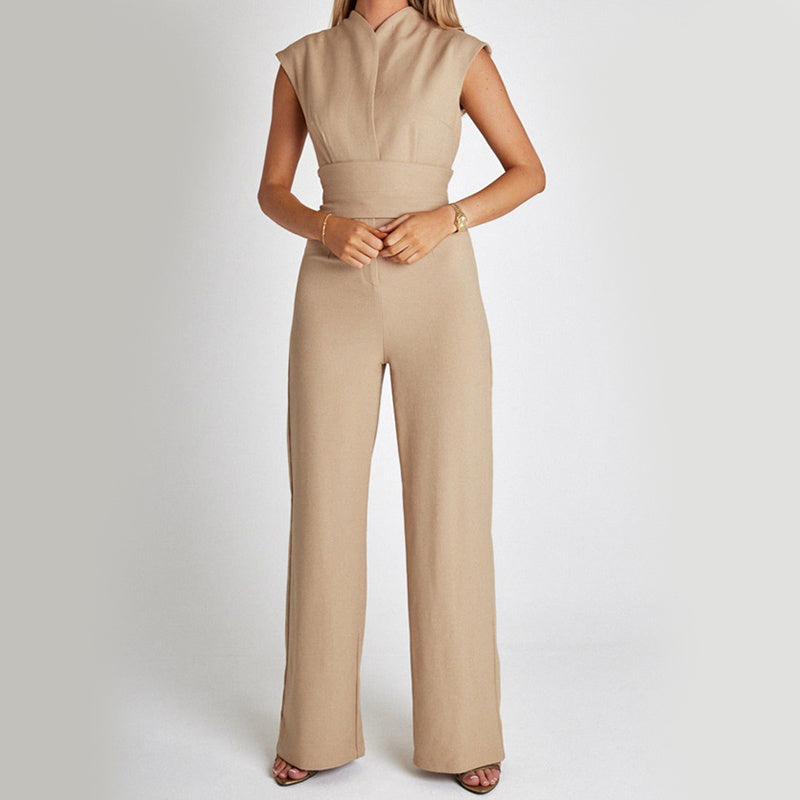 Fashion Elegant Long Sleeveless Jumpsuit Summer V-neck Casual Wide Leg Long Overalls Clothing For Women kocsend.com