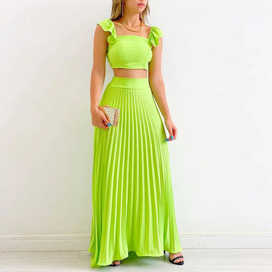 women's short top, High Waist, Pleated Long Skirt casual suit