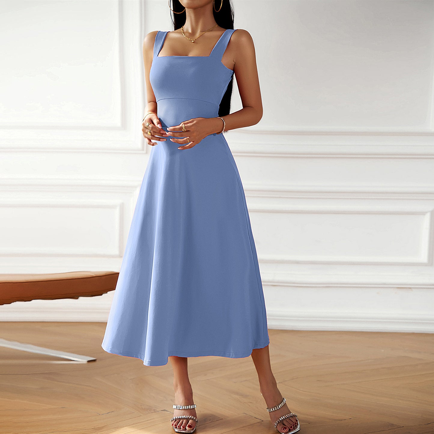 Women's Fashion Temperament Pure Color Suspender Dress