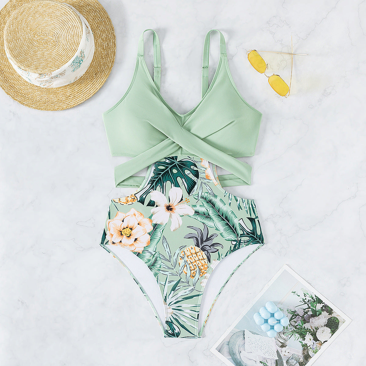 Printed Hollow Out Tied One-piece Bikini