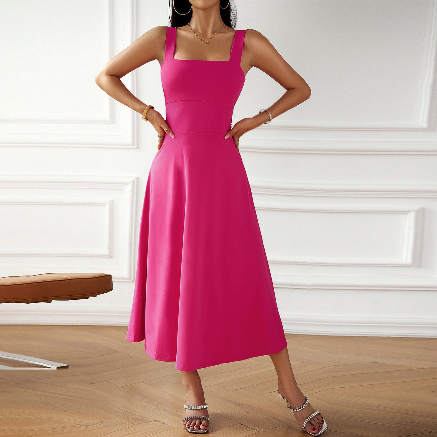 Women's Fashion Temperament Pure Color Suspender Dress