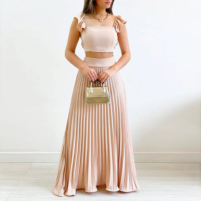 Solid Color Short Vest High Waist Pleated Long Skirt Casual Suit