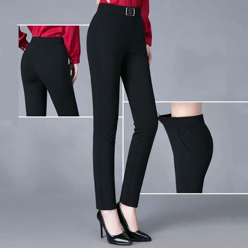 Spring Autumn Korean Fashion Woman for Pencil Pants High Waist Elastic Diamonds Solid Office Lady Casual Slim Straight Trousers