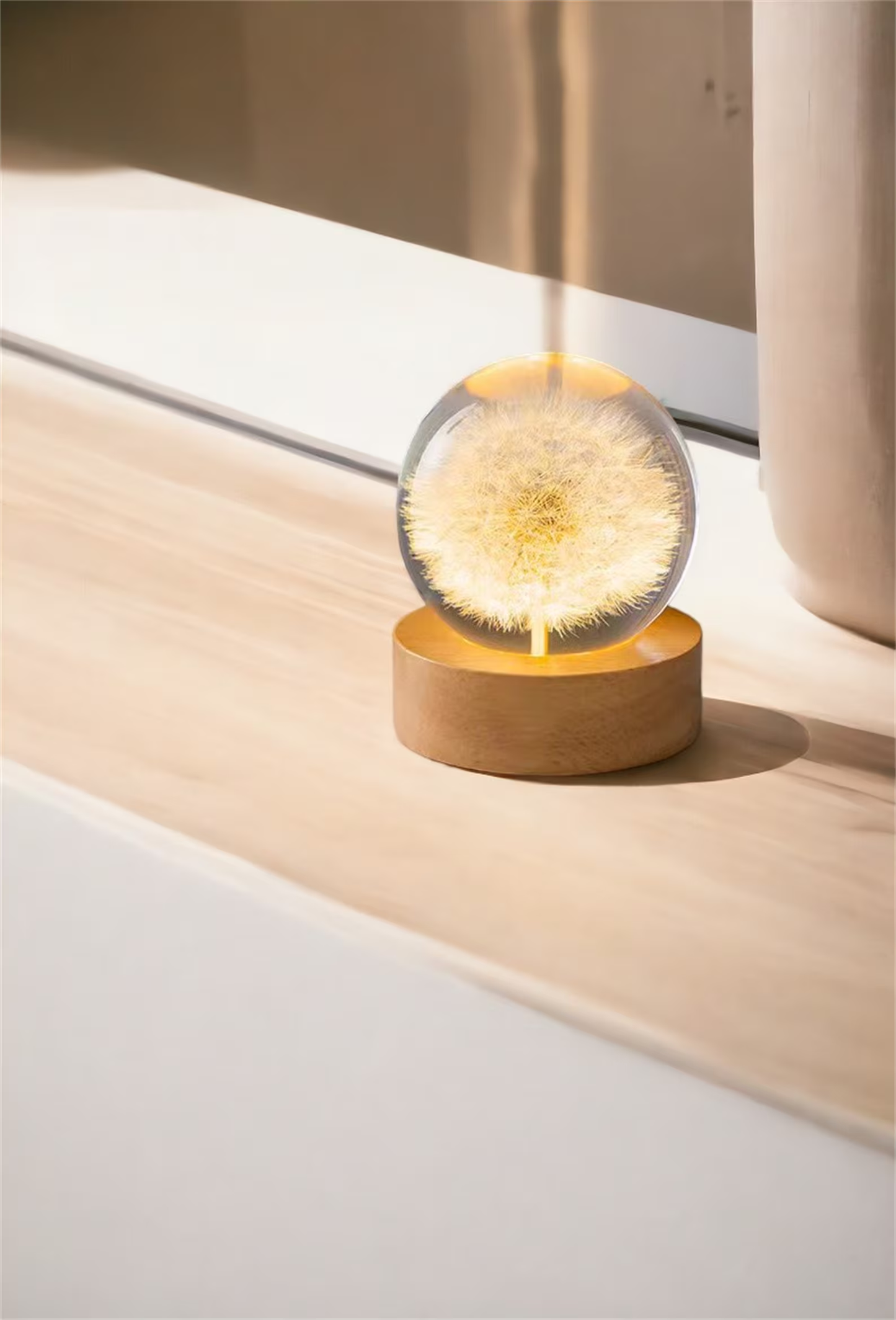 3D Crystal Ball Night Lamp, Wooden Base Dandelion Flower Lamp