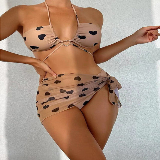 Heart Printing Bikini Three-piece Suit