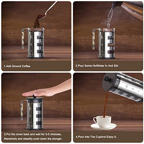 French Press Cafetiere 4 Cups, Stainless Steel Body Shell Coffee Maker- Heat Resistant - Stainless Steel Filter Coffee Press For Coffee Lover, Silver, 350 Ml & 600ml