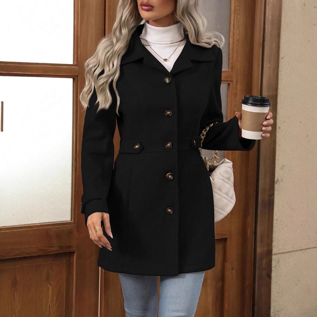 Elegant Single-breasted Woolen Coat Buttons Lapel Mid-length Jacket Temperament Commuter Outwear Clothing For Women kocsend.com