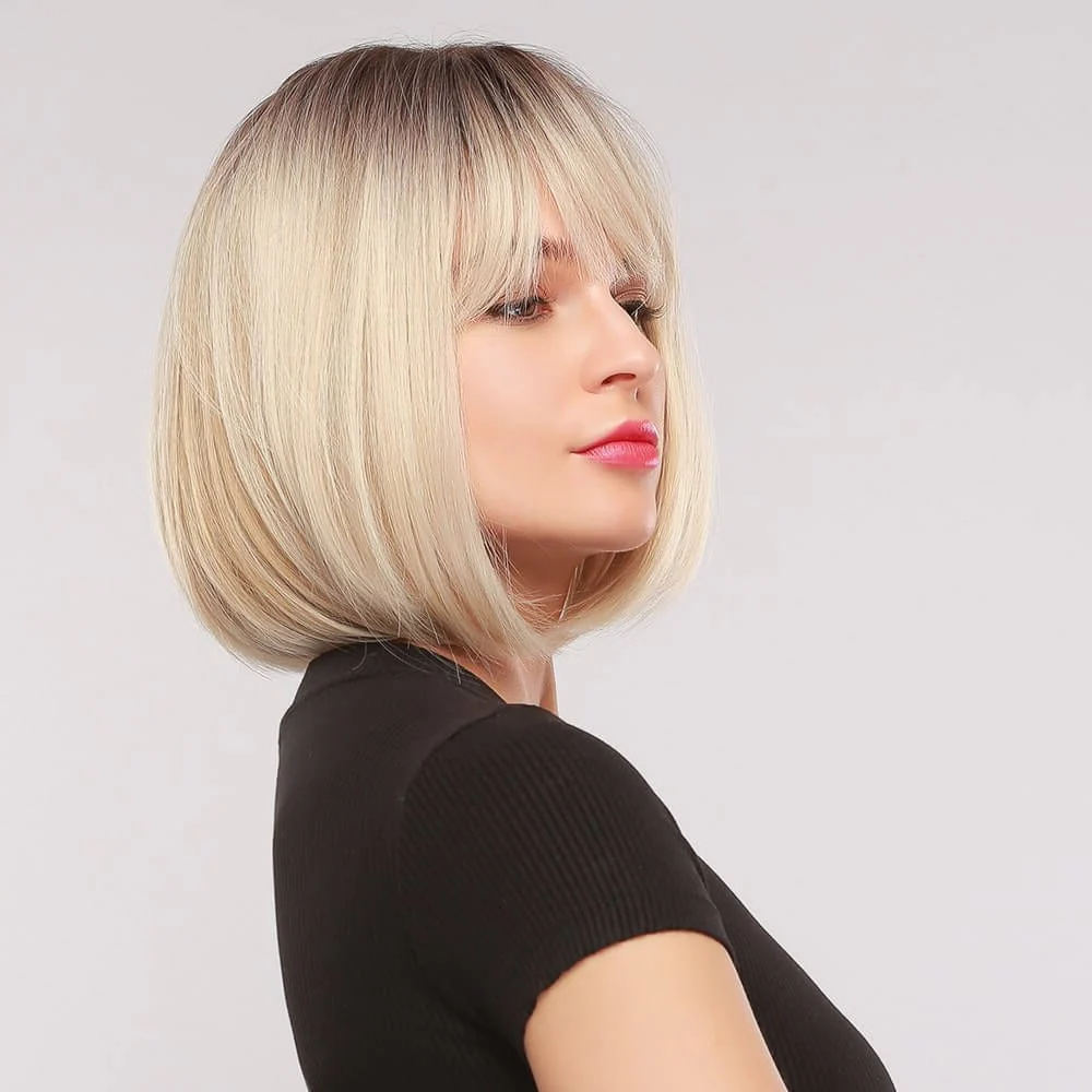 Women Short Straight Bob Wig - Black Roots & Platinum Blonde Synthetic