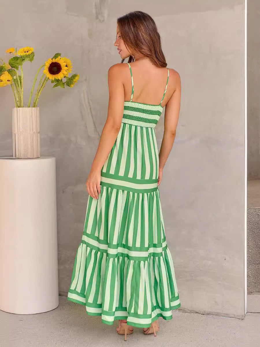 Summer Striped Printed Suspender Long Dress With Pockets Fashion Square Neck Backless Dresses For Beach Vacation Women Clothing kocsend.com
