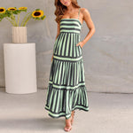 Summer Striped Printed Suspender Long Dress With Pockets Fashion Square Neck Backless Dresses For Beach Vacation Women Clothing kocsend.com