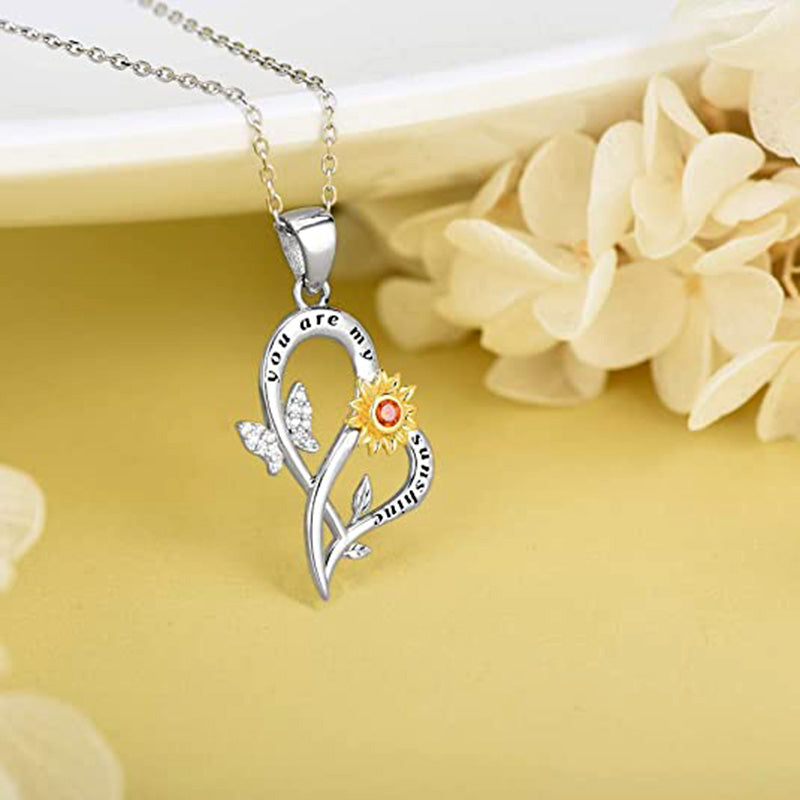 You Are My Sunshine Sunflower Necklace For Women Romantic Crystal Butterfly Heart Pendant Necklaces