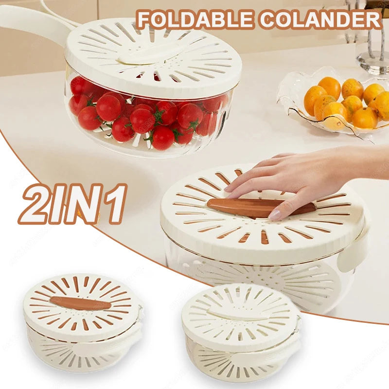 Fruit Drain Basket with Lid, Foldable Handle, Vegetable Washing Container