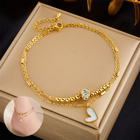 double layer anklet with heart charm