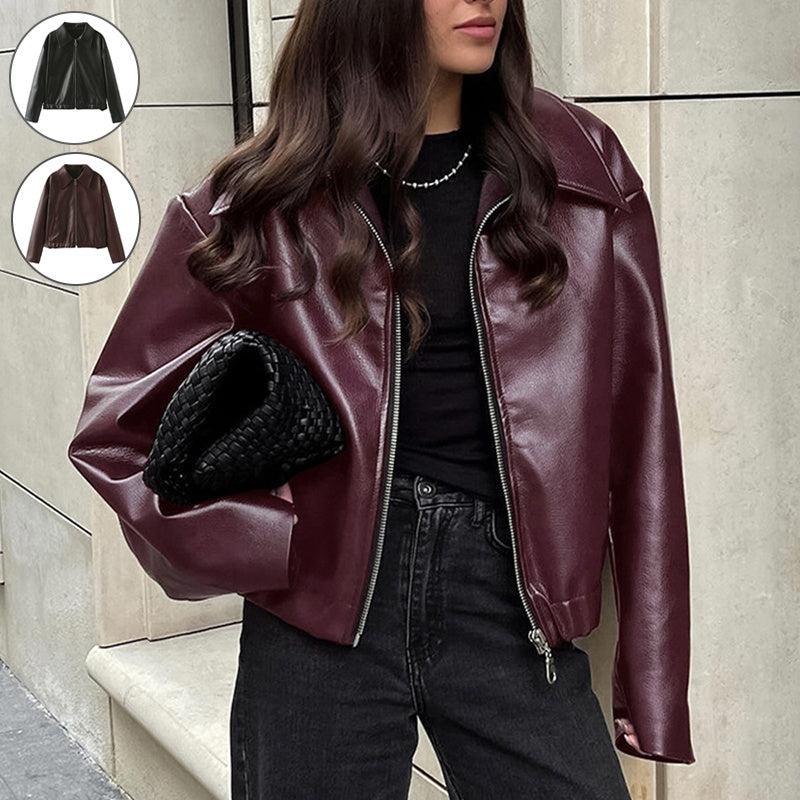 Solid Colour Collar Zip Jacket Women & Long Sleeve Leather Coat Top