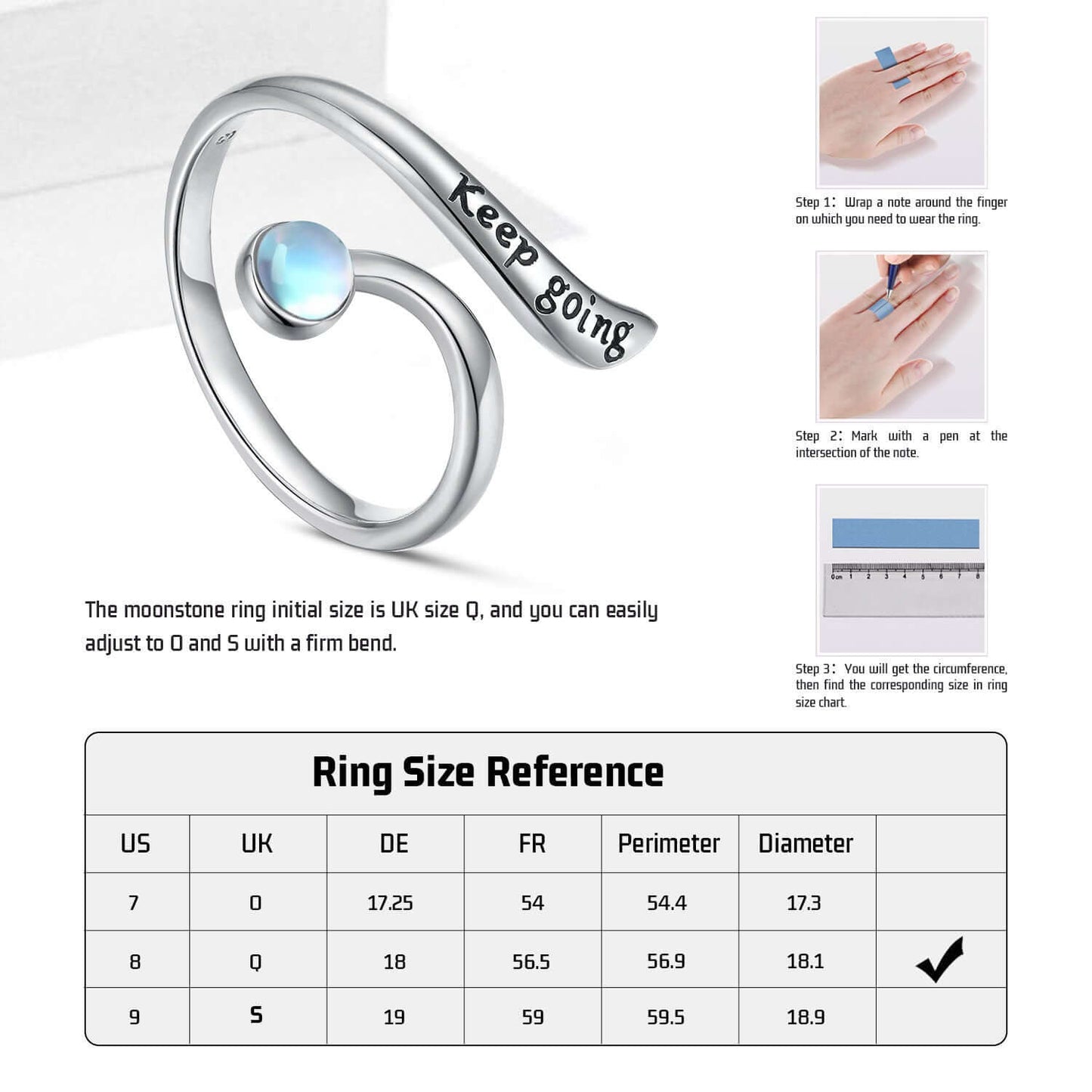 925 Sterling Silver Moonstone Adjustable Ring