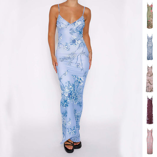 women floral print strappy deep V-neck bodycon maxi dress