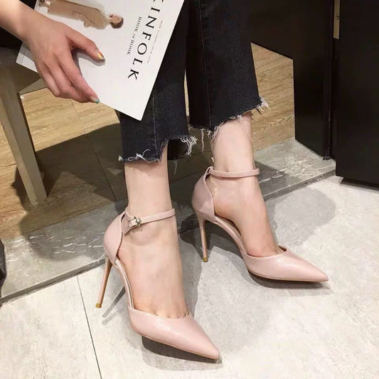 Girly Nude Stiletto Heel Pointed Toe Patent Leather Sandals