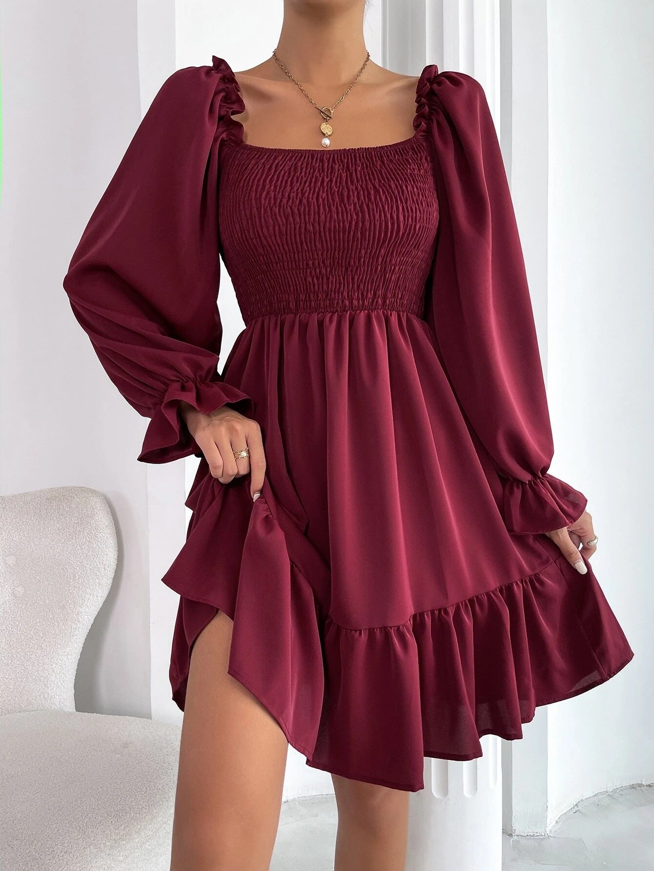 Women's Square Neck Ruffle Swing Dress