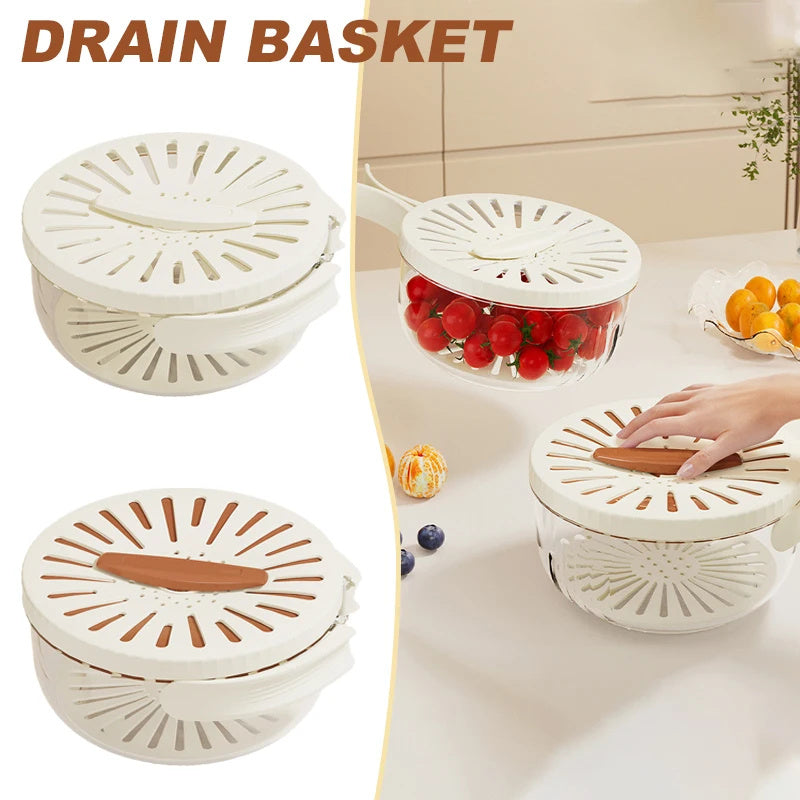 Fruit Drain Basket with Lid, Foldable Handle, Vegetable Washing Container