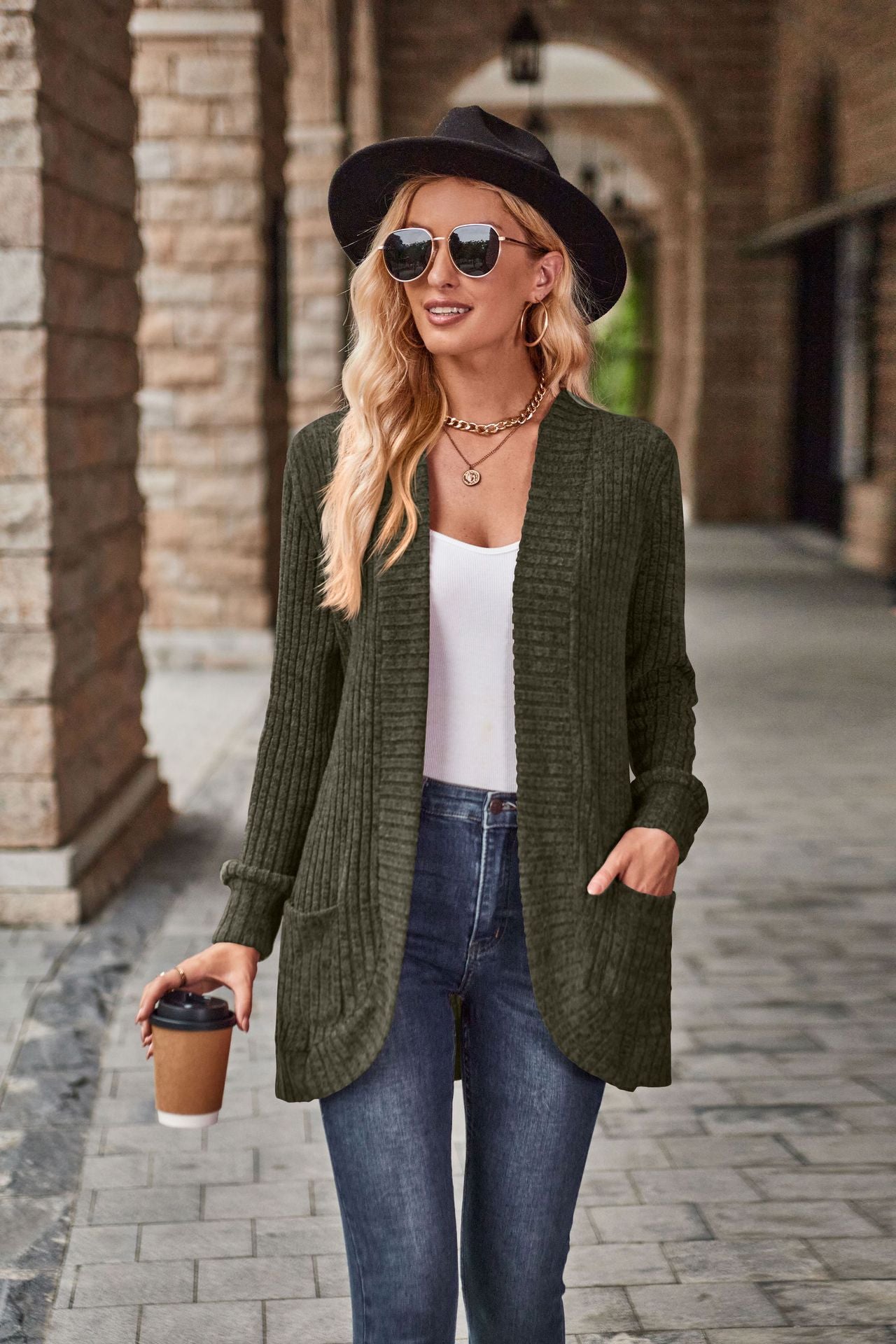 Solid Color Rib Fabric Sanding Casual Patchwork Long Sleeve Cardigan Jacket