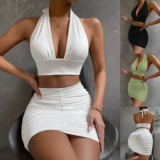 Two Piece Dress Sets for Women Halter Tie Hip Top and Pleated Hip Covering Skirt