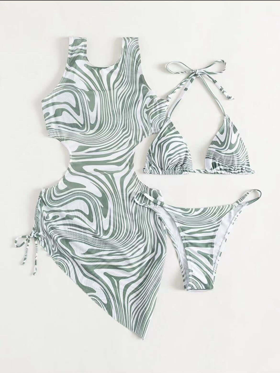 Bikini Three-piece European And American Plant Flower Print Swimsuit