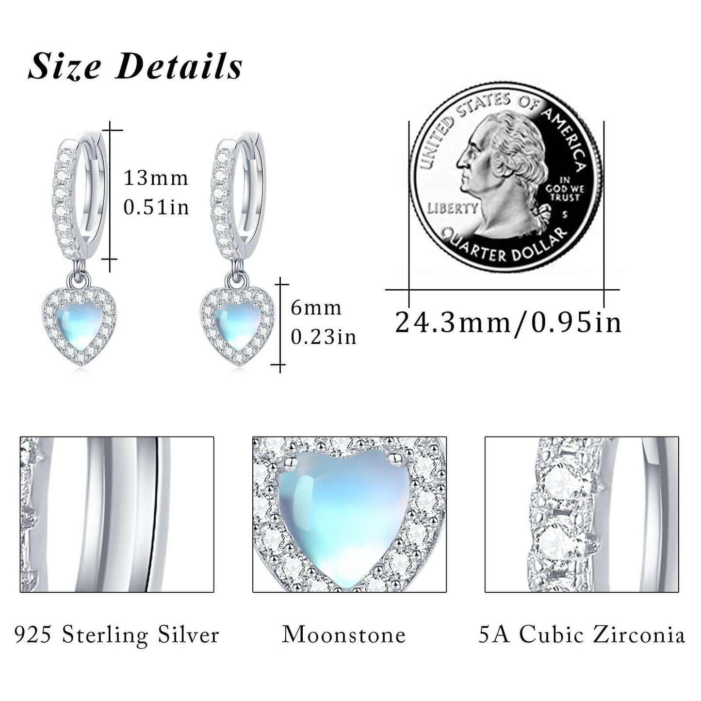 925 Sterling Silver Moonstone Heart Earring Jewelry