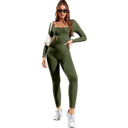 Women's Pure Color Stretchy Yoga Jumpsuit - Long Sleeve Spor Jumpsuit