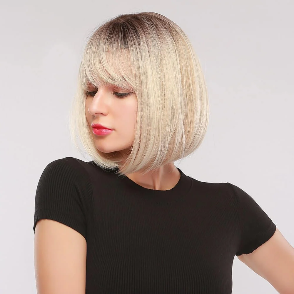 Women Short Straight Bob Wig - Black Roots & Platinum Blonde Synthetic