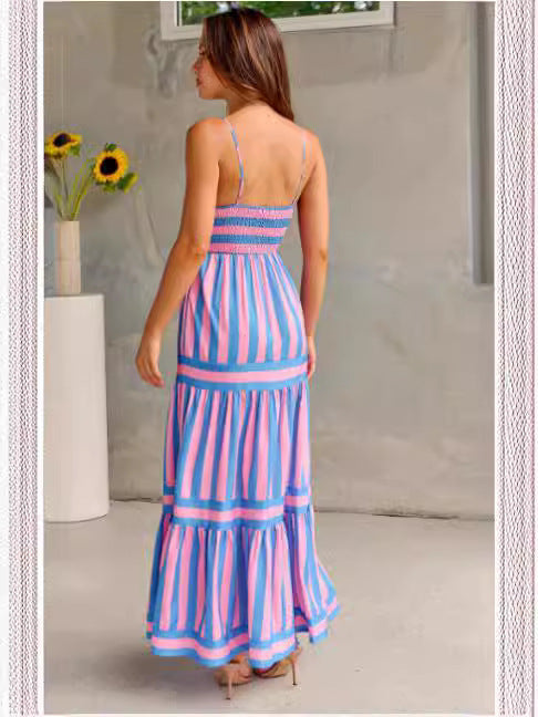 Summer Striped Printed Suspender Long Dress With Pockets Fashion Square Neck Backless Dresses For Beach Vacation Women Clothing kocsend.com
