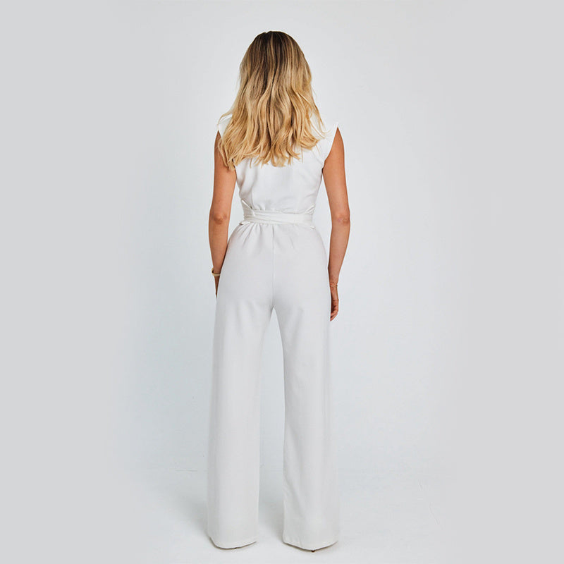Fashion Elegant Long Sleeveless Jumpsuit Summer V-neck Casual Wide Leg Long Overalls Clothing For Women kocsend.com