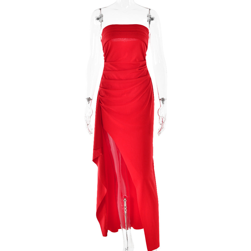 Women’s Strapless High Slit Maxi Evening Dress, Women’s Formal Strapless Maxi Evening Dress, Women’s Prom Strapless Maxi Evening Dress