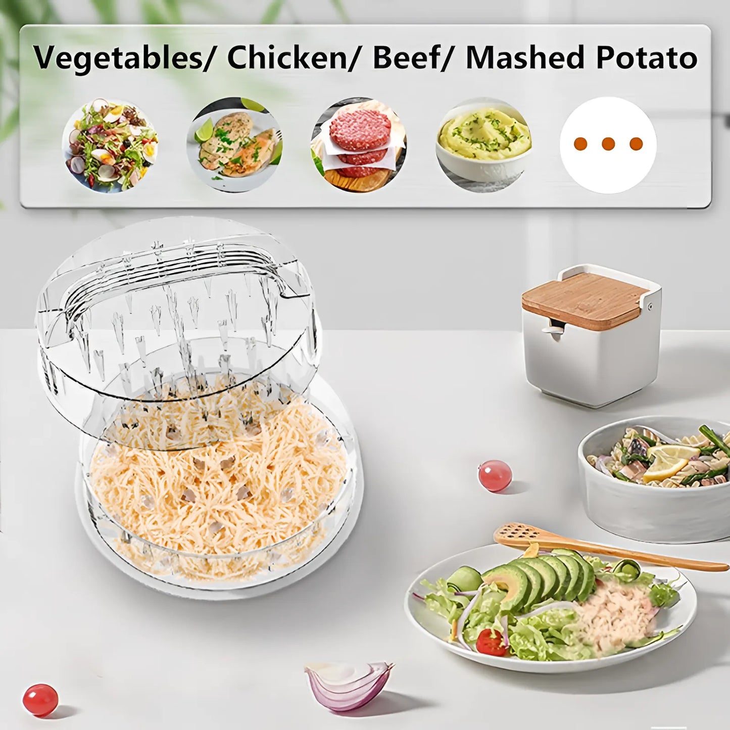 meat shredder, chicken shredder, vegetable shredder with rotating lid